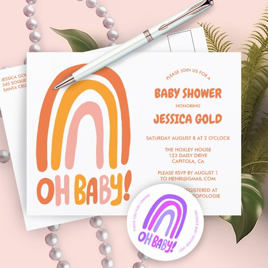 Invitation Carte Postale OH BABY SHOWER Sweet Orange Rainbow CUSTOM