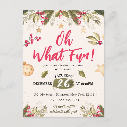 Invitation Carte Postale Oh What Fun! aquarelle et nature Noël fête (Devant)