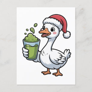 Invitation Carte Postale Oie tenant une boisson au matcha portant un chapea