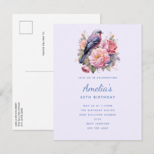 Invitation Carte Postale Oiseau chanteur perché sur des pivoines roses anni