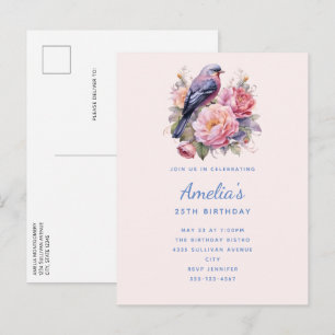 Invitation Carte Postale Oiseau chanteur perché sur des pivoines roses anni