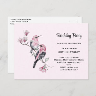 Invitation Carte Postale Oiseaux-chanteurs roses sur une branche d'arbre An