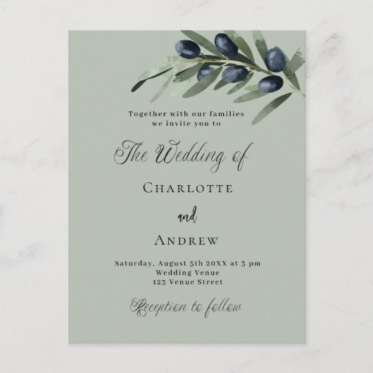 Invitation Carte Postale Olivier feuille verdure simple script mariage (Devant)