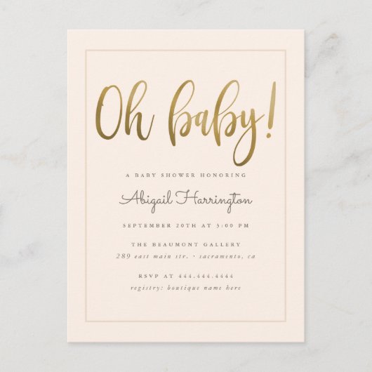 Invitation Carte Postale Or Oh Baby Peach Baby shower neutre genre (Devant)
