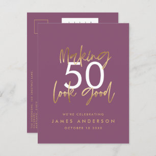 Invitation Carte Postale or violet anniversaire simple style élégant script