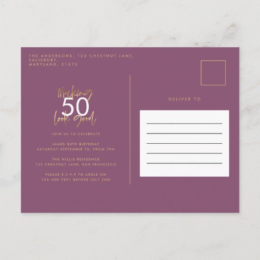 Invitation Carte Postale or violet anniversaire simple style élégant script (Dos)