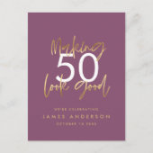 Invitation Carte Postale or violet anniversaire simple style élégant script (Devant)