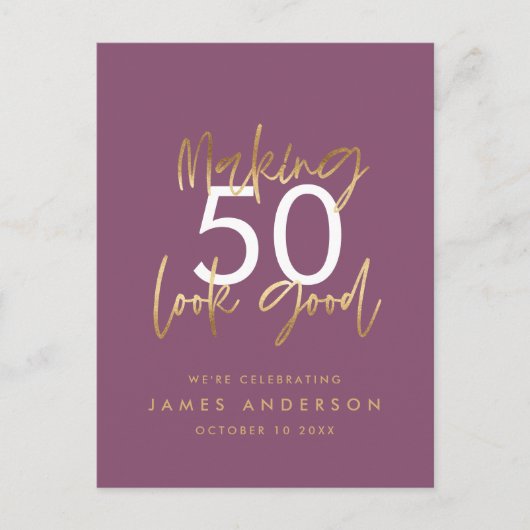 Invitation Carte Postale or violet anniversaire simple style élégant script (Devant)