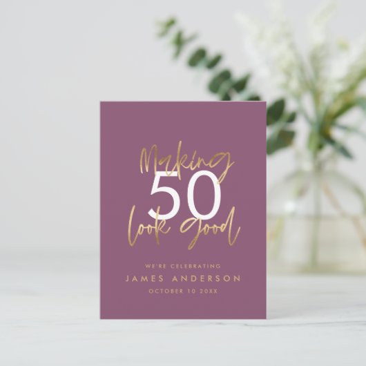 Invitation Carte Postale or violet anniversaire simple style élégant script (Debout devant)
