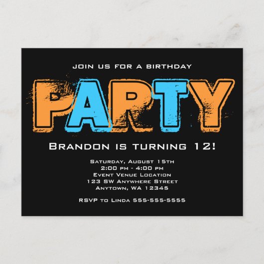 Invitation Carte Postale Orange and Blue Grunge Boy Birthday Party (Devant)