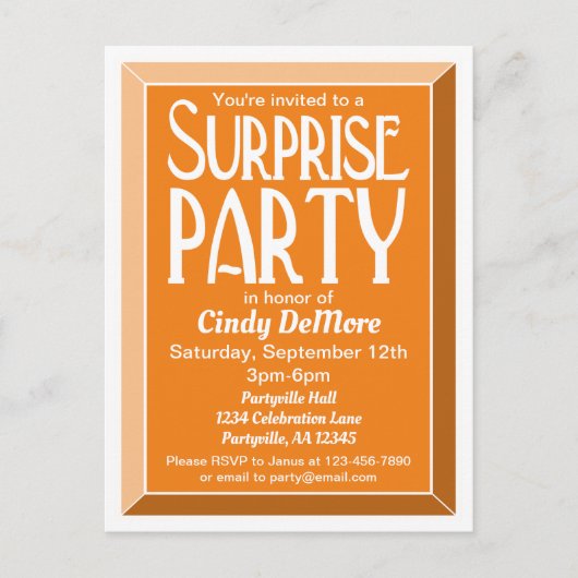 Invitation Carte Postale Orange Art Déco Beveled Anniversaire Surprise Part (Devant)