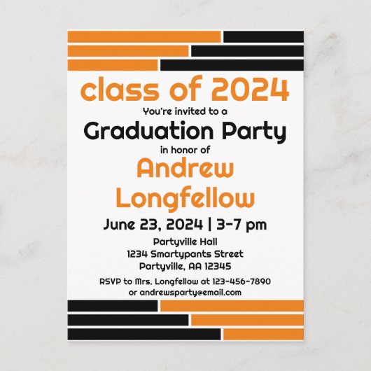 Invitation Carte Postale Orange & Black Bars Graduation Party (Devant)