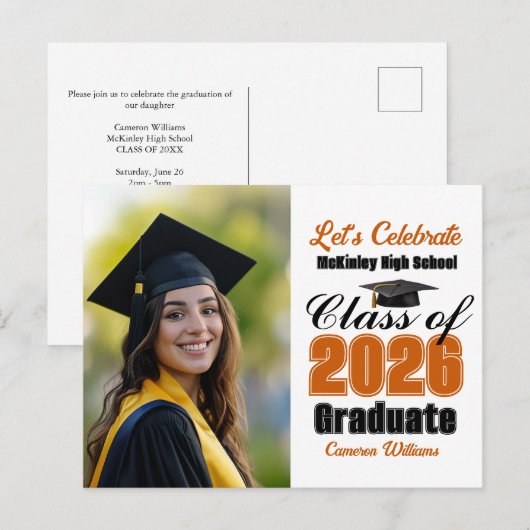 Invitation Carte Postale Orange Class of 2026 Photo Graduation Party (Devant / Derrière)