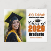 Invitation Carte Postale Orange Class of 2026 Photo Graduation Party (Devant)