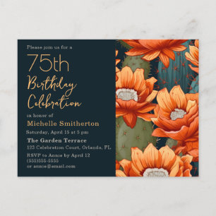 Invitation Carte Postale Orange Floral Vert Cactus Navy 75e Anniversaire