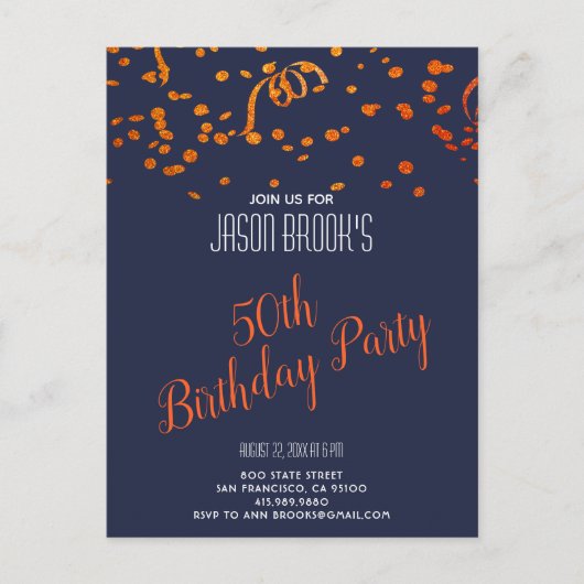 Invitation Carte Postale Orange Gold Parties scintillant Confetti Black 50e (Devant)