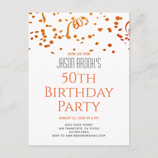 Invitation Carte Postale Orange Gold Parties scintillant Confetti Blanc 50e (Devant)