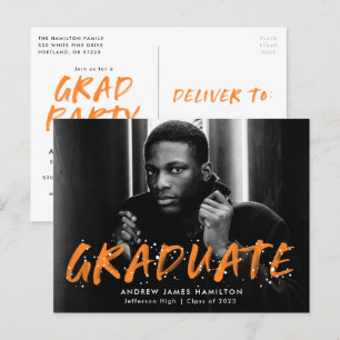 Invitation Carte Postale Orange Paint Splatter Photo Graduation Party