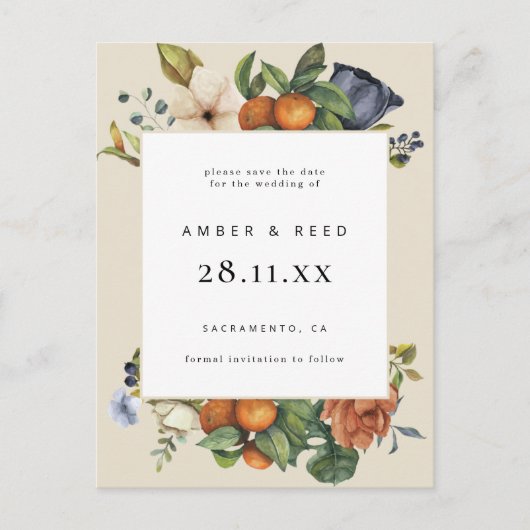 Invitation Carte Postale Orange Summer Floral Botanical Boho Enregistrer la (Devant)