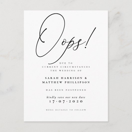 Invitation Carte Postale Oups ! Annonce de mariage reporté officielle (Devant)