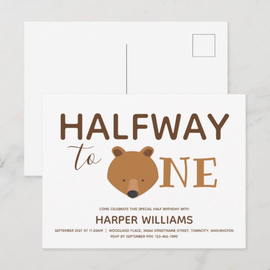 Invitation Carte Postale Ours Six Mois Bébé Demi-Anniversaire (Devant / Derrière)