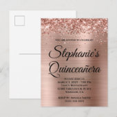 Invitation Carte Postale Pailleté Rose Gold Foil Quinceañera (Devant / Derrière)