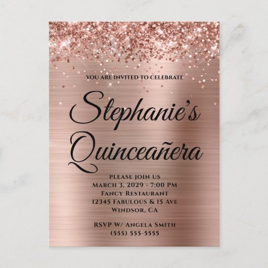 Invitation Carte Postale Pailleté Rose Gold Foil Quinceañera (Devant)