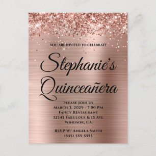 Invitation Carte Postale Pailleté Rose Or Feuille Quinceañera