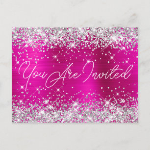 Invitation Carte Postale Paillettes Argentées et Glamour Rose Chaud pour le
