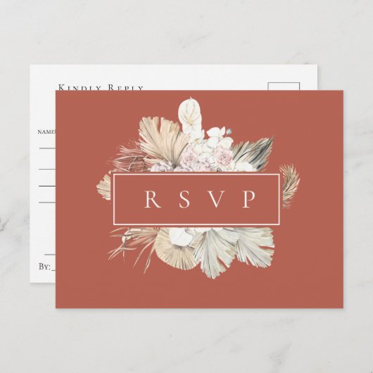 Invitation Carte Postale Palm Fronds Rust Frame Mariage RSVP Song Request (Devant / Derrière)