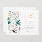Invitation Carte Postale Palm Tree Toucan Flamant rose rose & Monstera Swee (Devant / Derrière)