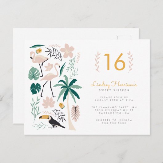 Invitation Carte Postale Palm Tree Toucan Flamant rose rose & Monstera Swee (Devant / Derrière)