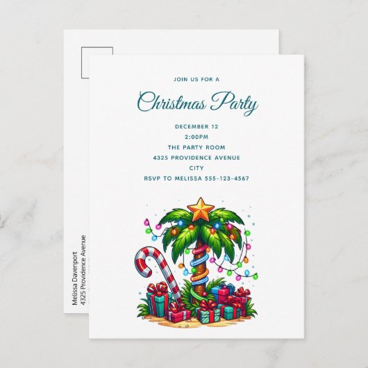 Invitation Carte Postale Palmier de Noël tropical (Devant / Derrière)