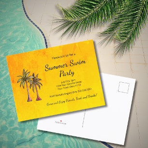 Invitation Carte Postale Palmiers Tropical Gold Summer Swim Pool Party