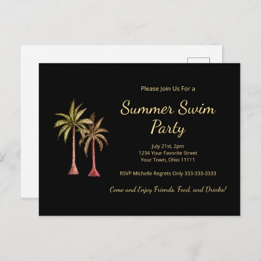 Invitation Carte Postale Palmiers tropicaux Summer Pool Party Gold Black (Devant / Derrière)
