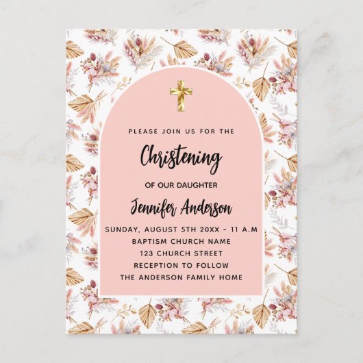 Invitation Carte Postale Pampas Christening fleurs rose or rose fille (Devant)