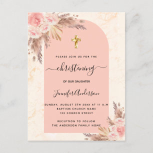 Invitation Carte Postale Pampas Christening rose or marbre rousse