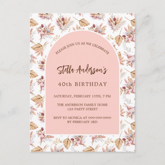Invitation Carte Postale Pampas d'anniversaire fleurs d'herbe rose or rose (Devant)