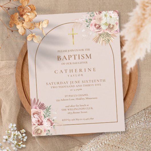 Invitation Carte Postale Pampas Grass Rose Or Arche Baptême Christening