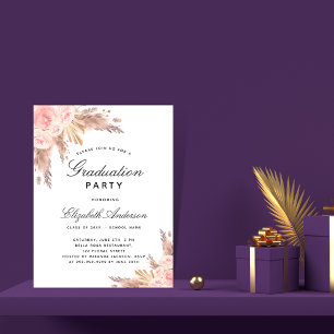 Invitation Carte Postale Pampas herbe rose or blush Graduation Party