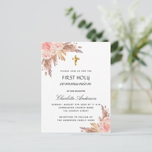 Invitation Carte Postale Pampas herbe rose or blush première communion sain (Debout devant)