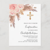 Invitation Carte Postale Pampas herbe rose or rose croix confirmation (Devant)