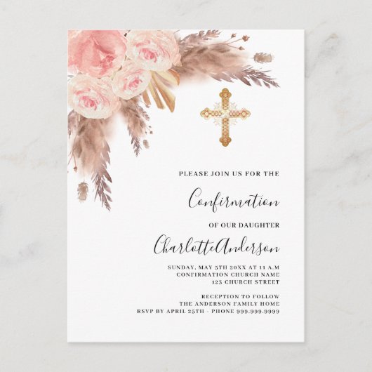 Invitation Carte Postale Pampas herbe rose or rose croix confirmation (Devant)