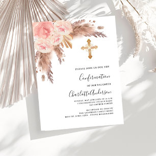 Invitation Carte Postale Pampas herbe rose or rose croix confirmation