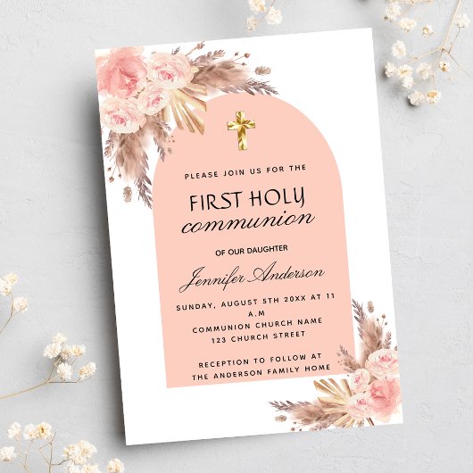 Invitation Carte Postale Pampas herbe rose rougir première communion sainte