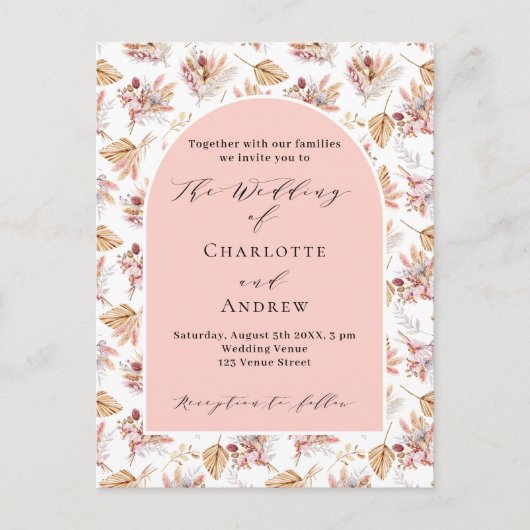 Invitation Carte Postale Pampas herbes fleurs rose or boho script mariage (Devant)