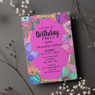 Invitation Carte Postale Papillon floral rose vif Anniversaire