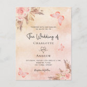 Invitation Carte Postale papillon mariage pampas herbe blush boho (Devant)