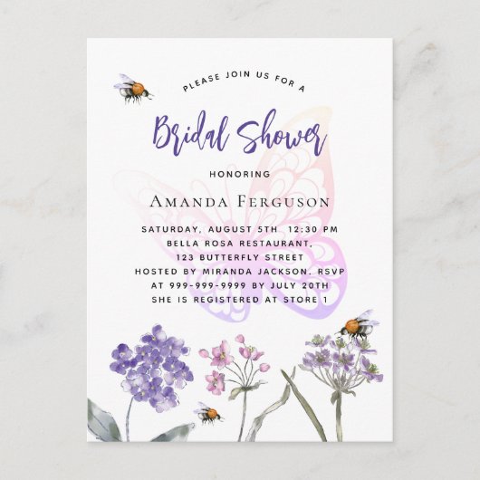 Invitation Carte Postale papillon rose violet Fête des mariées fleur sauvag (Devant)