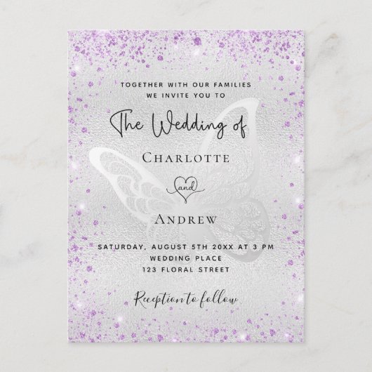 Invitation Carte Postale Papillon violet argenté élégant mariage (Devant)